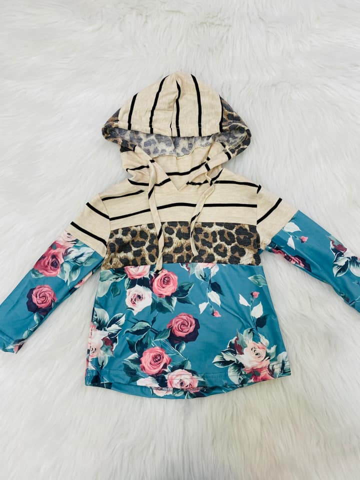 Blue Floral Hoodie Top