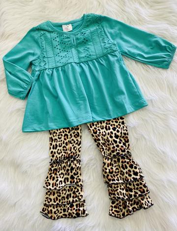 Cotton Lace Aqua Cheetah Pant Set